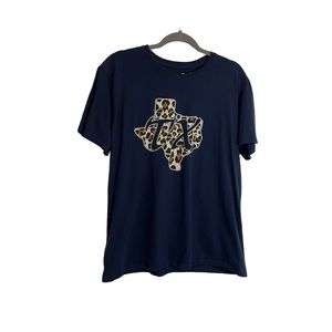 State Life TX TEXAS Leopard Cheetah Animal Print Graphic Tee Blue Womens Size L